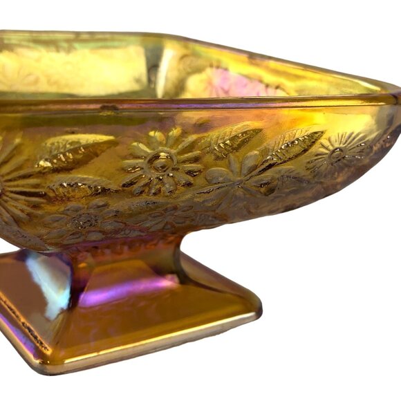 Vintage Iridescent Gold Carnival Glass Diamond Shaped Footed Candy Dish Floral - Picture 2 of 16